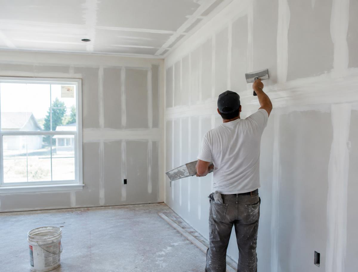 Drywall seams being taped and finished in an empty room