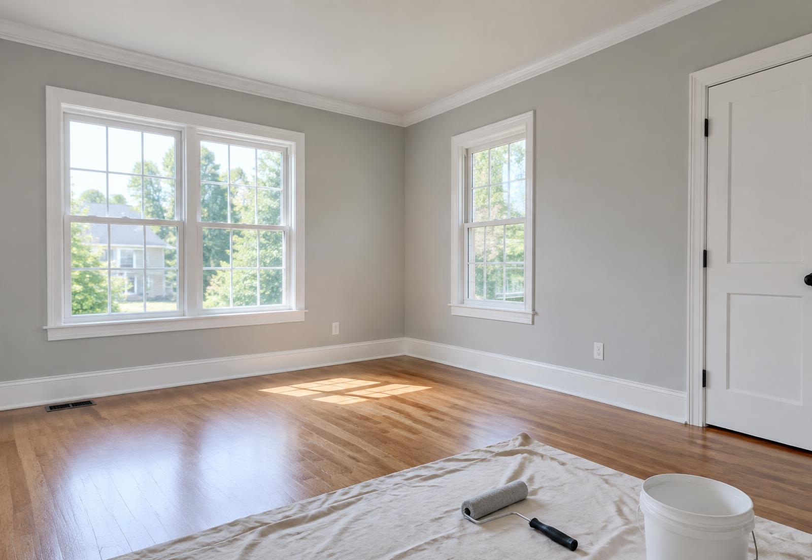 Freshly painted interior room with new trim and baseboards