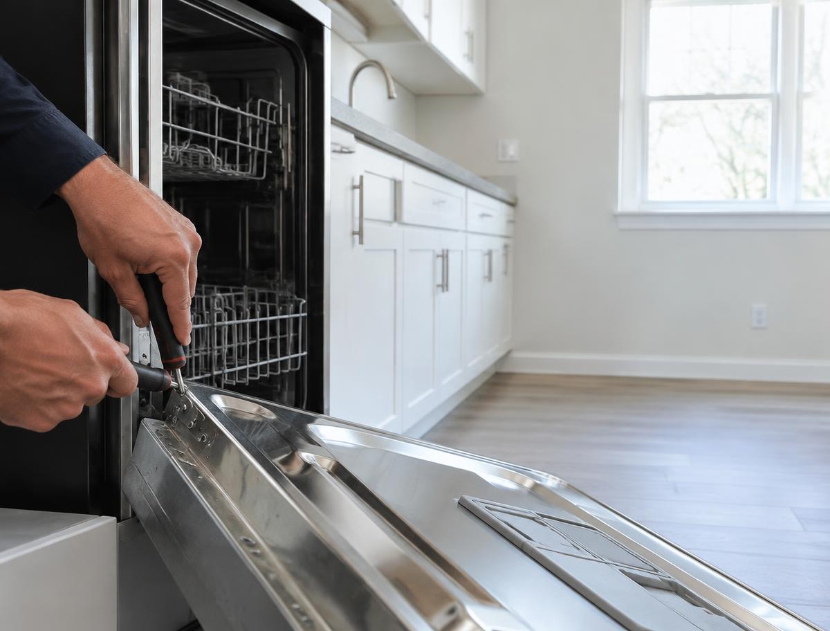 Dishwasher being adjusted in an empty, freshly painted rental kitchen